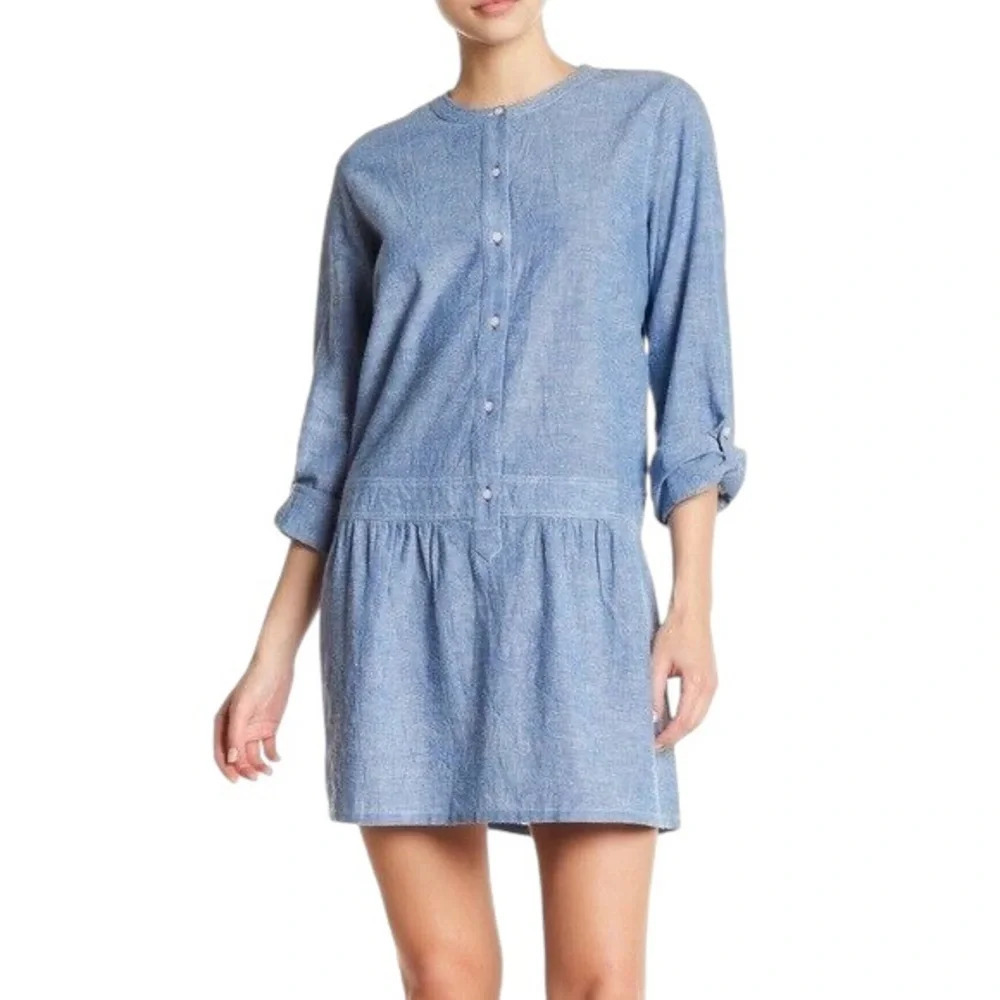 Soft Joie Amiri Cotton Linen Chambray Drop Waist Button Shirt Dress Blue Sz L